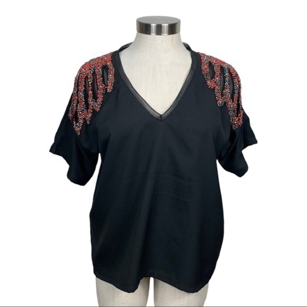Chloe Oliver Beaded‎ Shoulder Black Top Medium